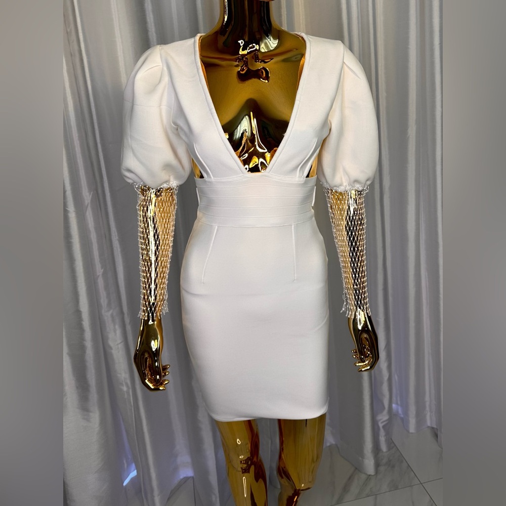 Ballon Sleeve Crystal Mesh Cut Out Mini Bandage Dress